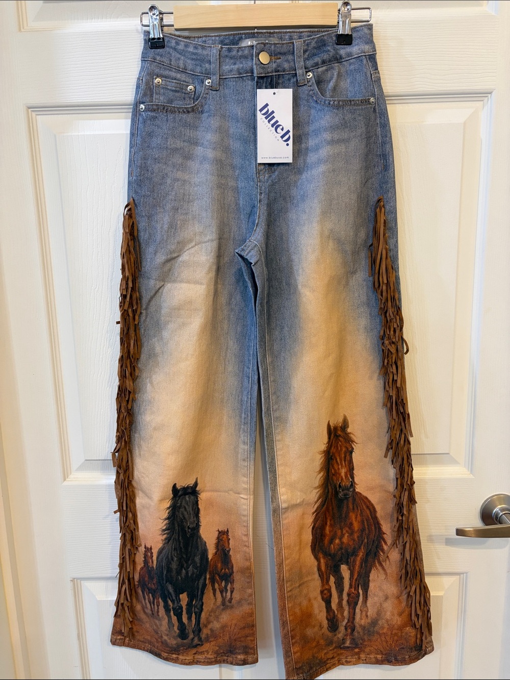 BNWT Western Brown & Black Horse Print Fringe Wide Leg Jeans - Picture 4 of 7